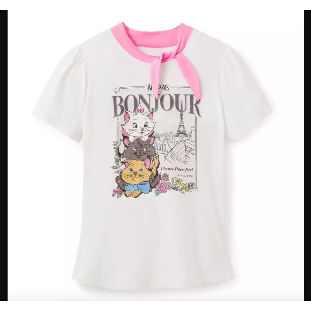 Unique Vintage Disney Aristocats Bonjour Graphic Top Women's L Pink Bow Tie NWT